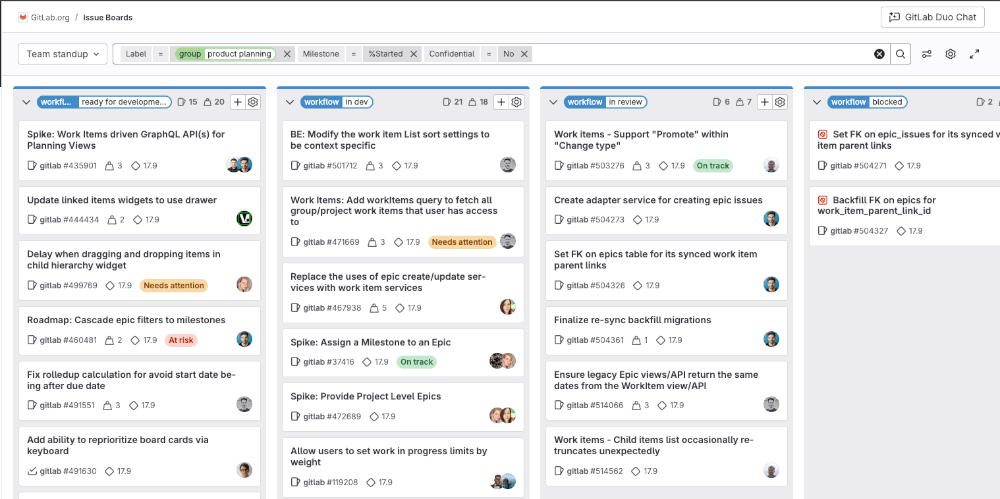 Issue board called "Team stand-up" with workflow lists but no issues